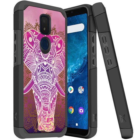ANJ  Slim Dual Layer Hybrid Shockproof Case   Tempered Glass Cover for Cricket Icon 3, Splendor, AT&T Motivate 2 - Pink Elephant Mandala