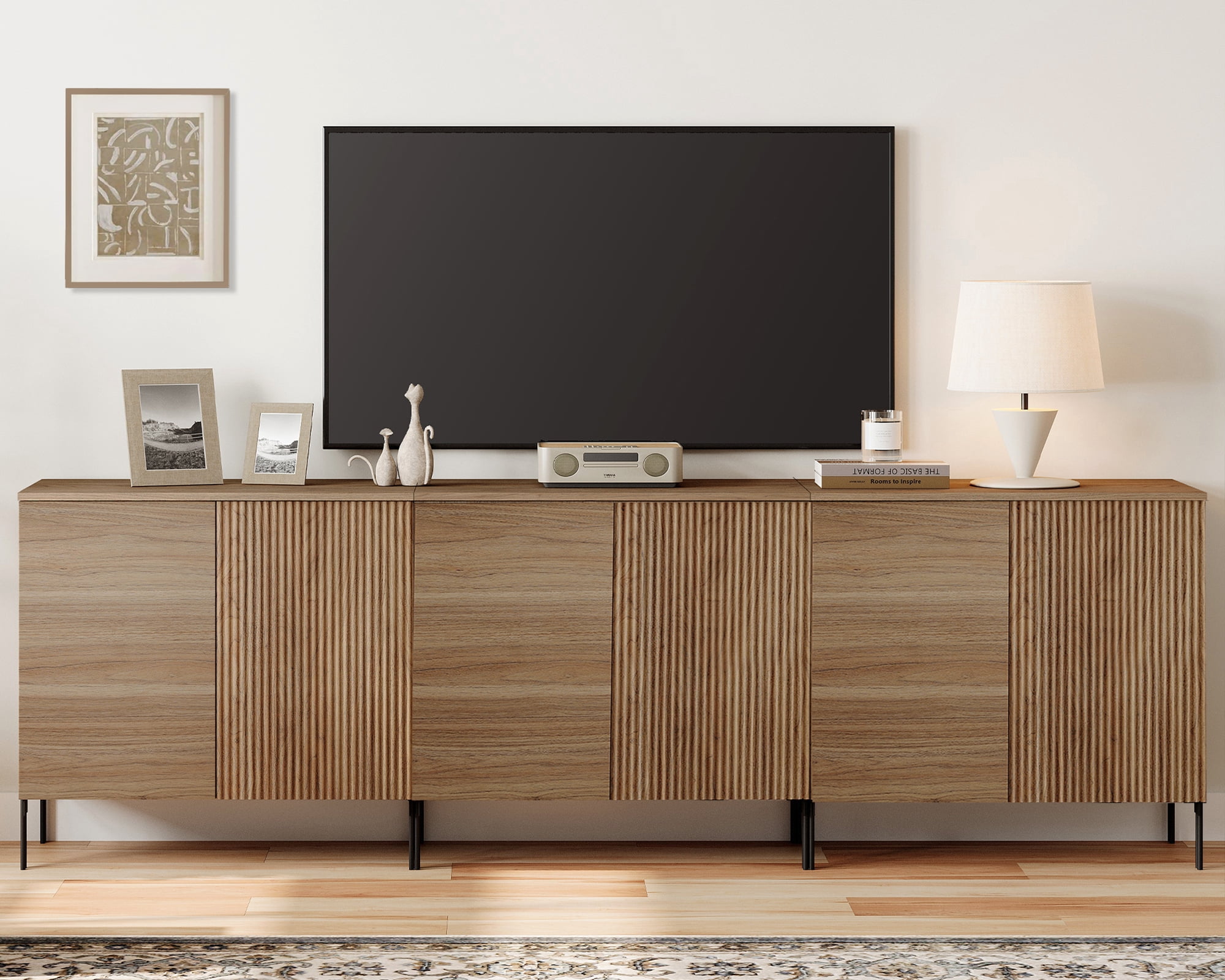 94.5" Modern Fluted TV Stand with 6 Doors, Entertainment Center with Adjustable Shelf, Wooden TV Console with Storage for Living Room