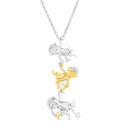 Duet Monkey Trio Pendant Necklace with Diamonds in Sterling Silver and 14kt Yellow Gold, 18