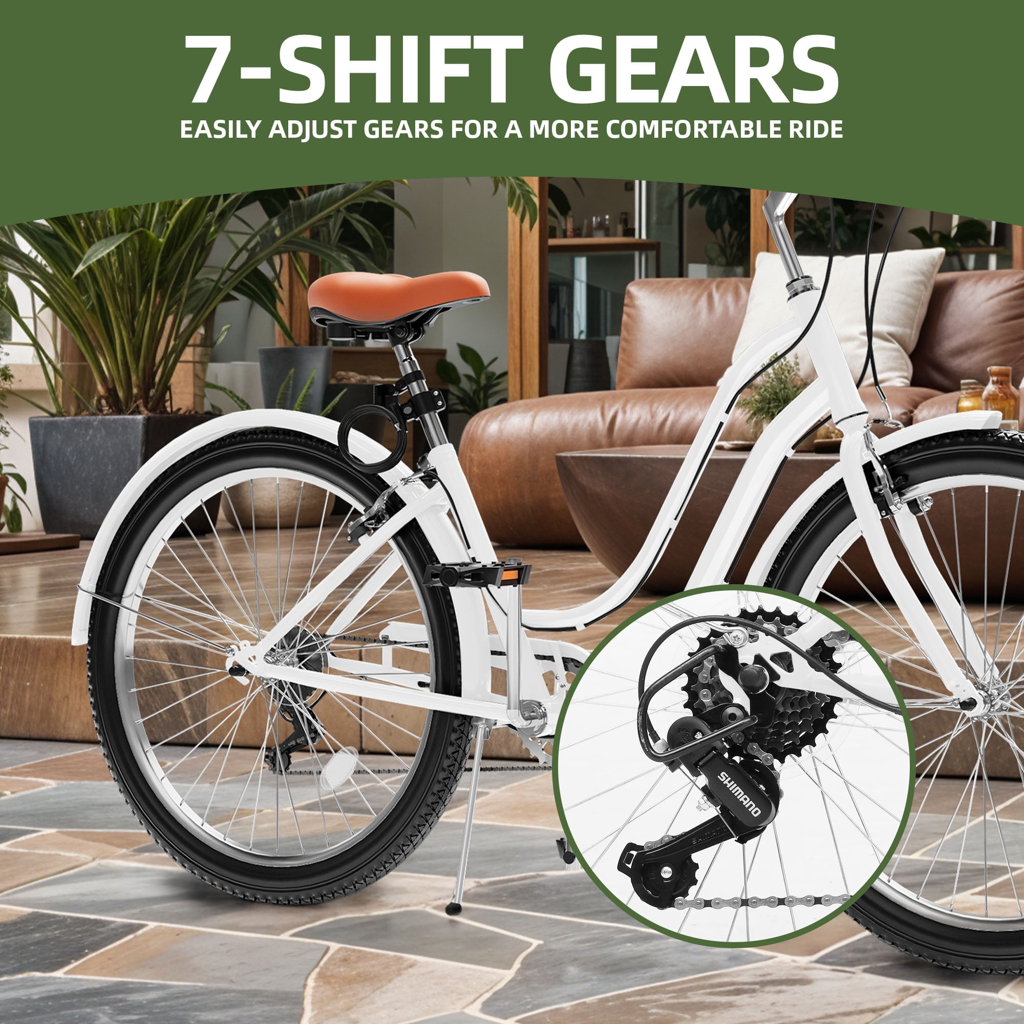 Uforic24'' Beach Cruiser Bike, 7-Speed, Step-Through Bicycle for Men & Women, Steel Frame, White
