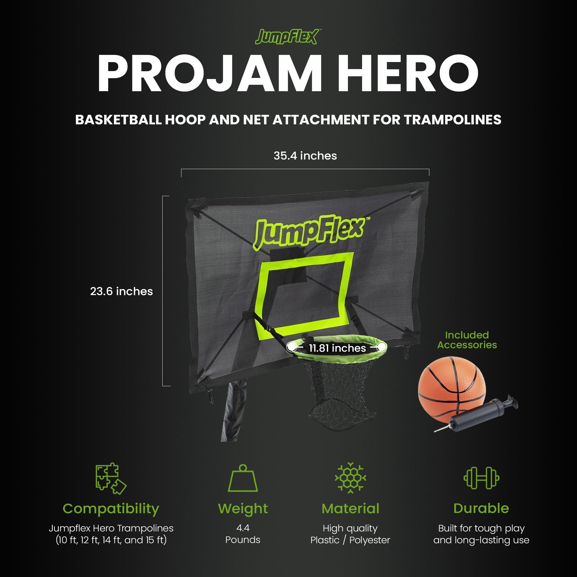 Jumpflex FLEX 10' Round Trampoline, Outdoor Play Equipment with PROJAM Basketball Hoop