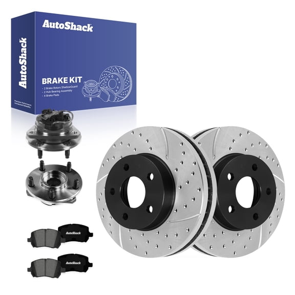 AutoShack Front Vented Drilled & Slotted E-Coated Brake Rotors   Premium Ceramic Pads   Hub Bearing Assembly 8-PC Brake Kit Replacement for 2004-2008 Chevrolet Malibu ShadowGuard 10.86" (275.8 mm)