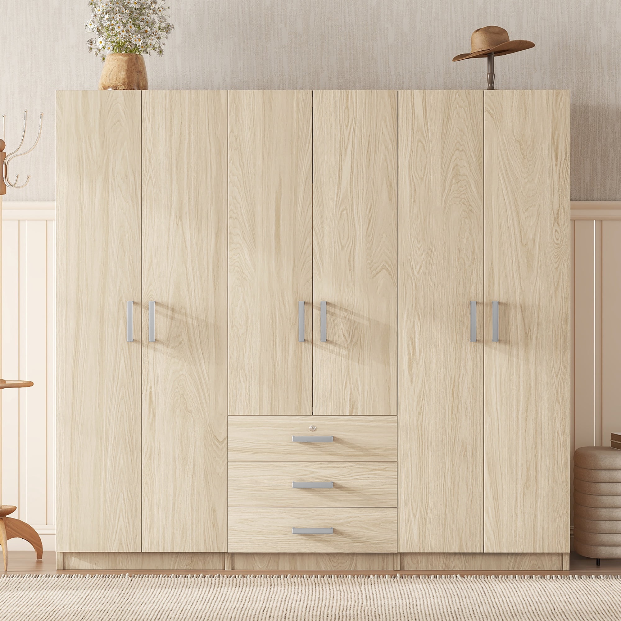 Modern Wardrobe Closet,Wooden Wardrobe Storage with 6-Doors & 2 Drawers for Bedroom,Natural