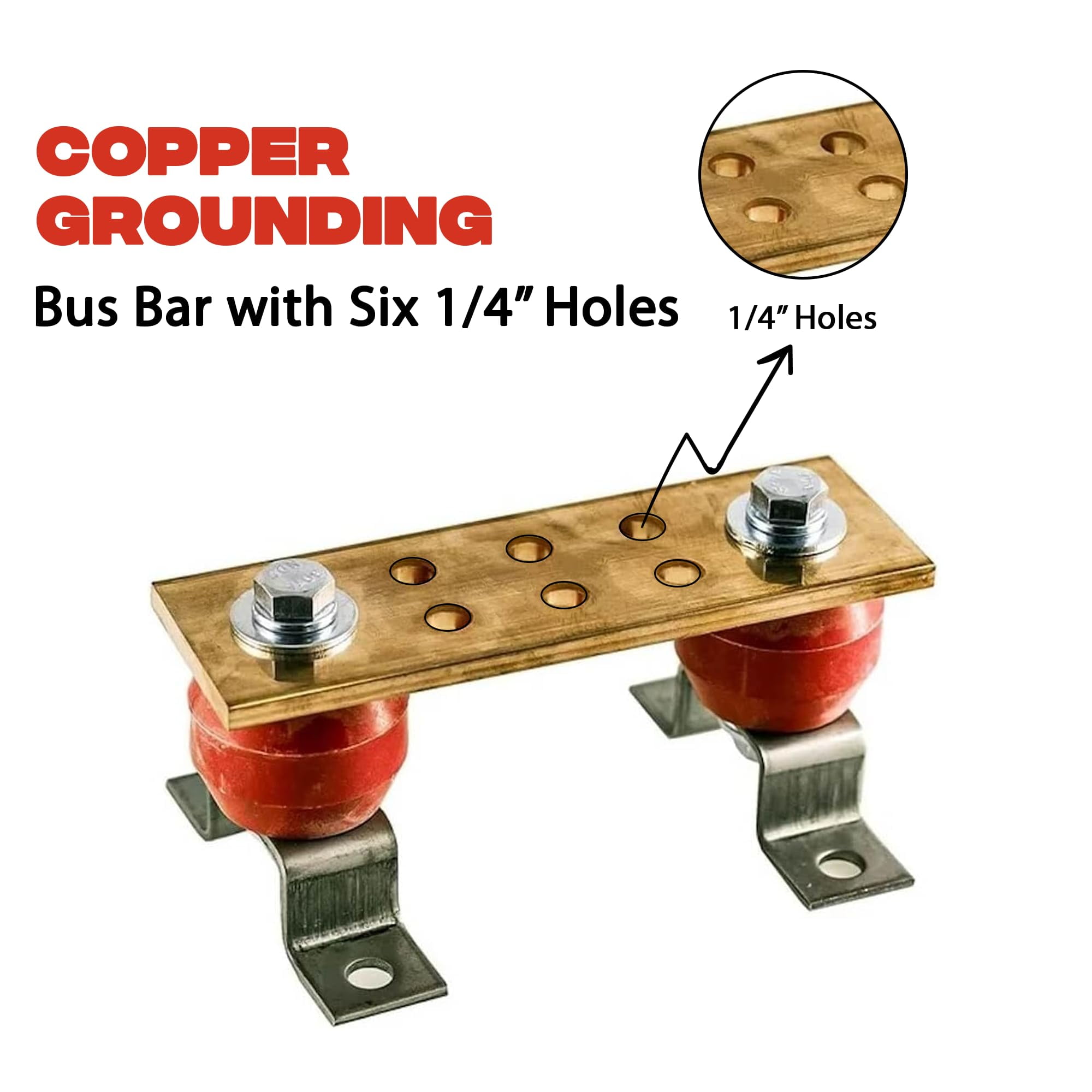DMNI Copper Bus Bar - 6" Ground Bar - Grounding Terminal  - Copper Ground Bus 2.5kV Insulators