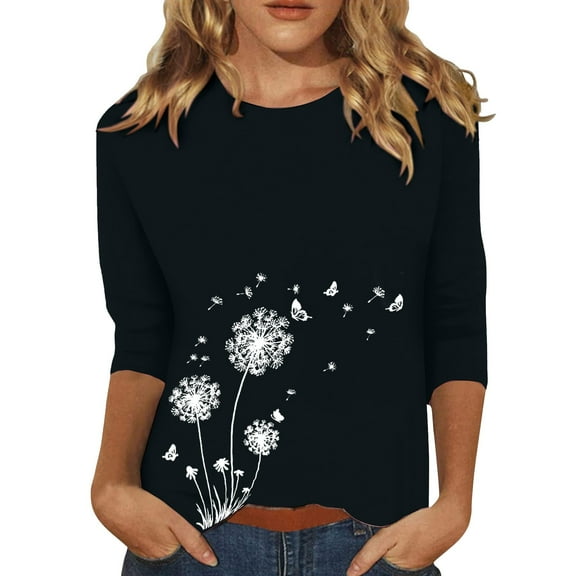 Pxiakgy Womens Tops Dandelion Print 3/4 Sleeves Crew Neck Shirts Loose Fit Cute Graphic Tees Causal Blouse Casual Boho Clothing Plush Collar Cuffs Christmas Print Loose Long Sleeved T Shirt Black L