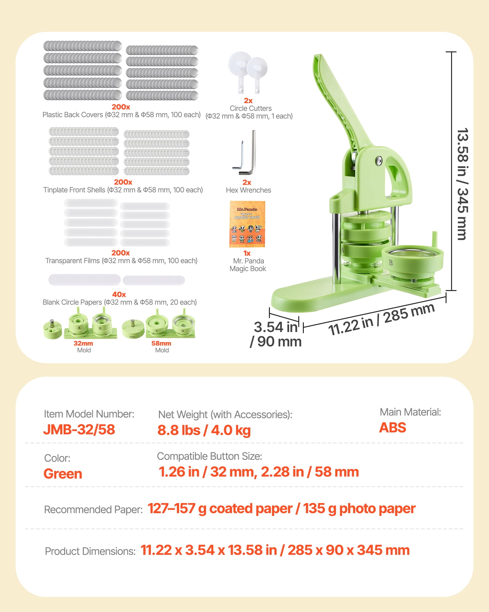 VEVOR Button Maker Machine, 1.26/2.28 inch 2-in-1, Plastic Pin Maker with 200 pcs Button Parts, Circle Cutter and Magic Book, Reinforced Ergonomic Handle, for DIY Badges, Personalized Pins, Green