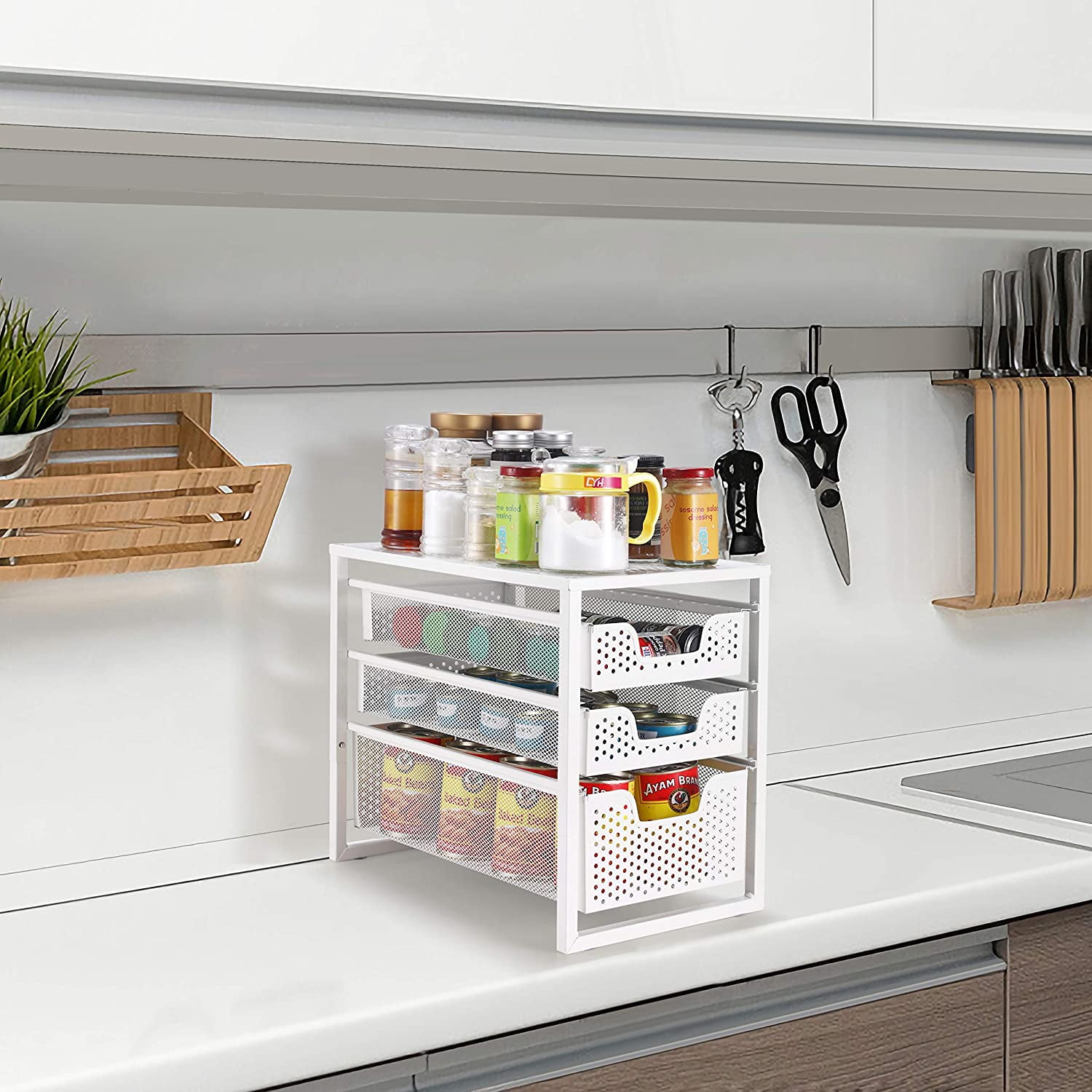 3-Tier Under Sink Cabinet Organizer with Sliding Storage Drawer, Desktop Organizer for Kitchen Bathroom Office, Stackbale,White