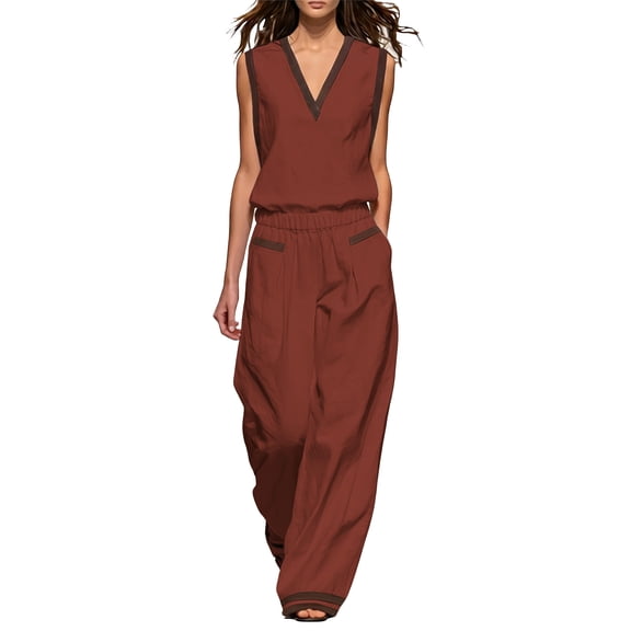Kezqiaxn Womens Summer Outfits Sleeveless V-Neck Tops and Wide Leg Pants with Pockets Loungewear Set 2 Piece Sets for Women