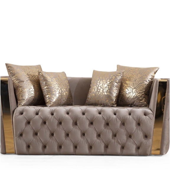 JERFIT Naomi Modern Velvet Button Tufted Loveseat Sofa with Gold Metal Accents for Living Room, Taupe