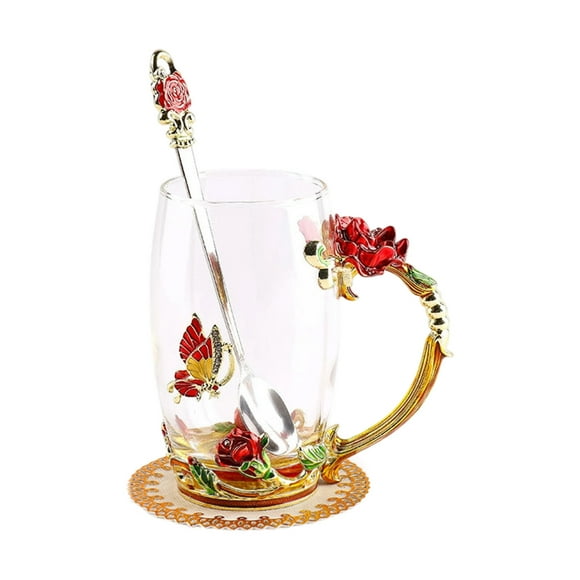 Specollect 3 Pcs Enamel Flower Lead-Free Glass Coffee Mug with Spoon, Elegant Rose Design, Safe for Hot/Cold Drinks, Valentine's Christmas Gifts for Women 350ml
