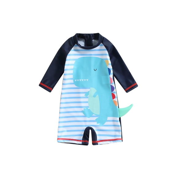 Kmbangi Kids Boys Rash Guard Swimsuits Dinosaur Stripes Print 3/4 Sleeves Round Neck Summer Beachwear Romper Swimwear 1-6Y
