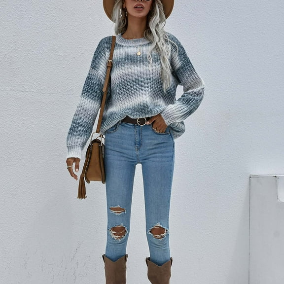 AOOCHASLIY 2023 Womens Sweater Women's Fashion Pullover Stripe Round Neck and Winter Long Sleeved Sweater Top Women