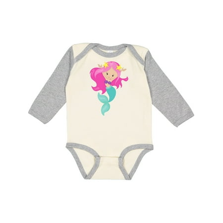 

Inktastic Pretty Mermaid With Long Pink Hair and Green Tail Gift Baby Girl Long Sleeve Bodysuit