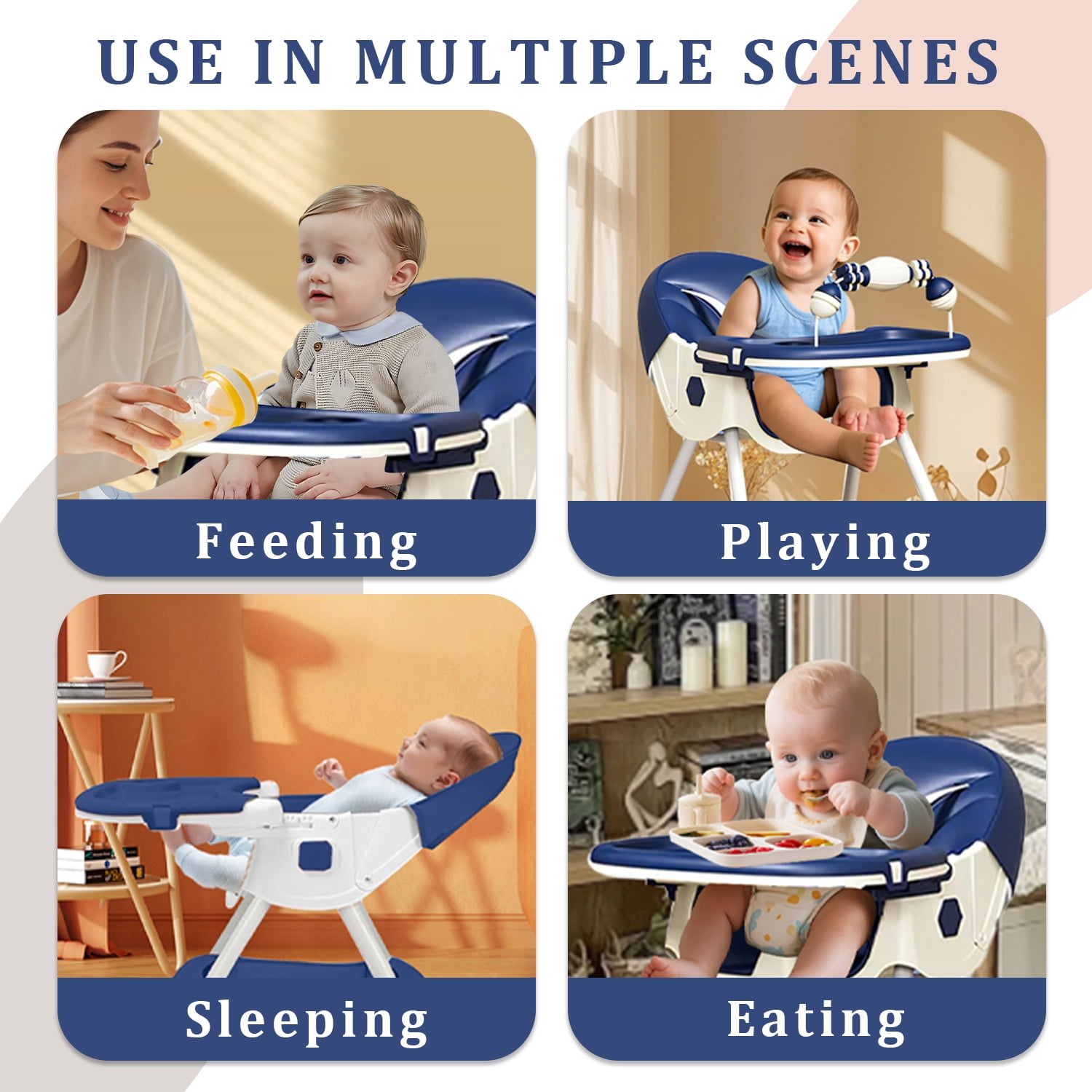 YUCHANG Foldable  4-in-1 Baby High Chair with Wheels for Infants & Toddlers (0-4 Years) Height Adjustable ,with 5-point Safety Belt(Blue)