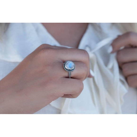 Round Shape Moonstone Ring, 925 Sterling Silver Rings For Women, Braid Handmade Ring, Everyday Solitaire Ring, Hippie Bohemian Ring