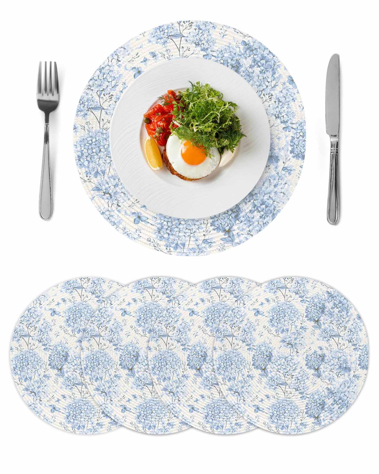 Round Placemats Set of 4 Blue Hydrangea Place Mats Washable Woven Placemat Spring Flower Leaf Circle Braided Table Mat for Kitchen Dining Table Party Home Decor 15 Inch