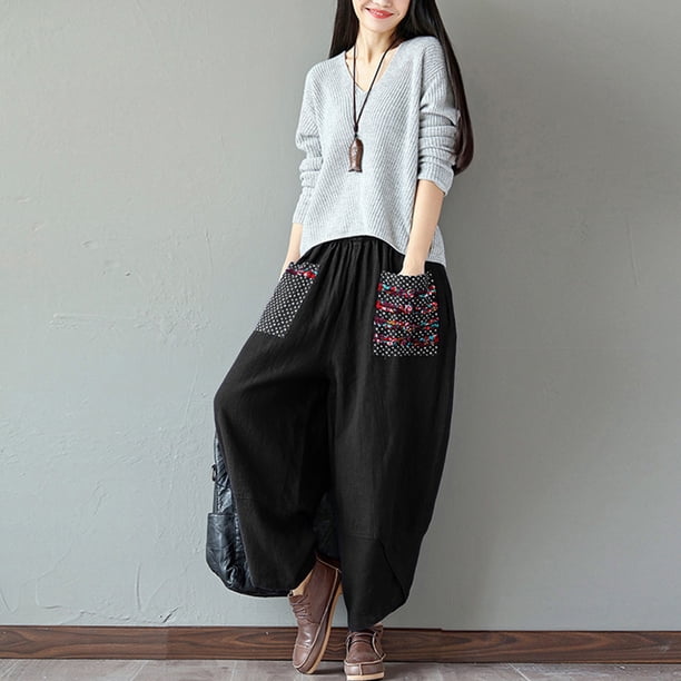 Vintage mujeres étnicas empalme Harem pantalones cintura elástica pantalones de pierna ancha holgado Tomshoo Negro/XXL
