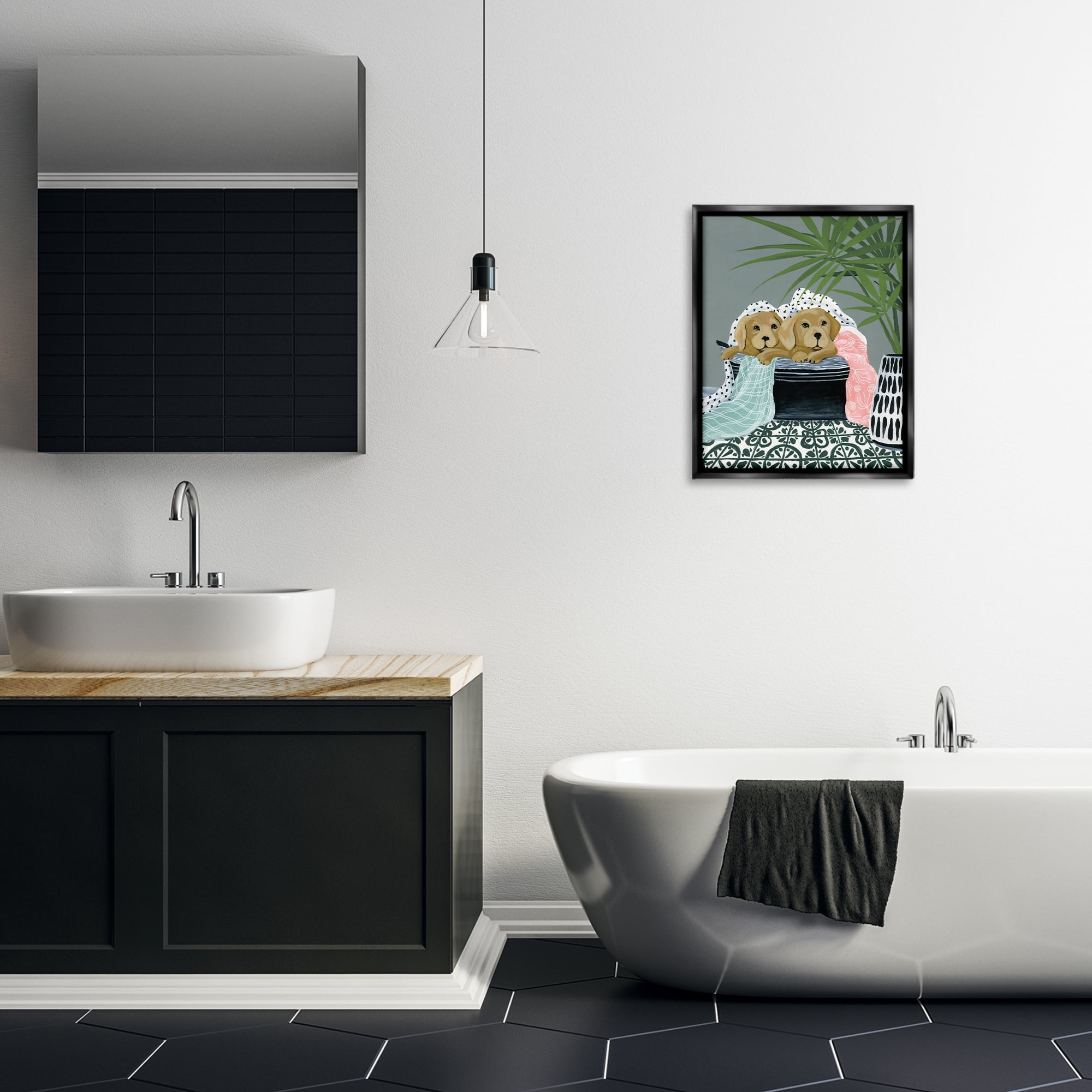 Stupell Industries Cuddling Laundry Dogs Bath & Laundry Painting Black Floater Framed Canvas Art Print Wall Art, 17 x 21