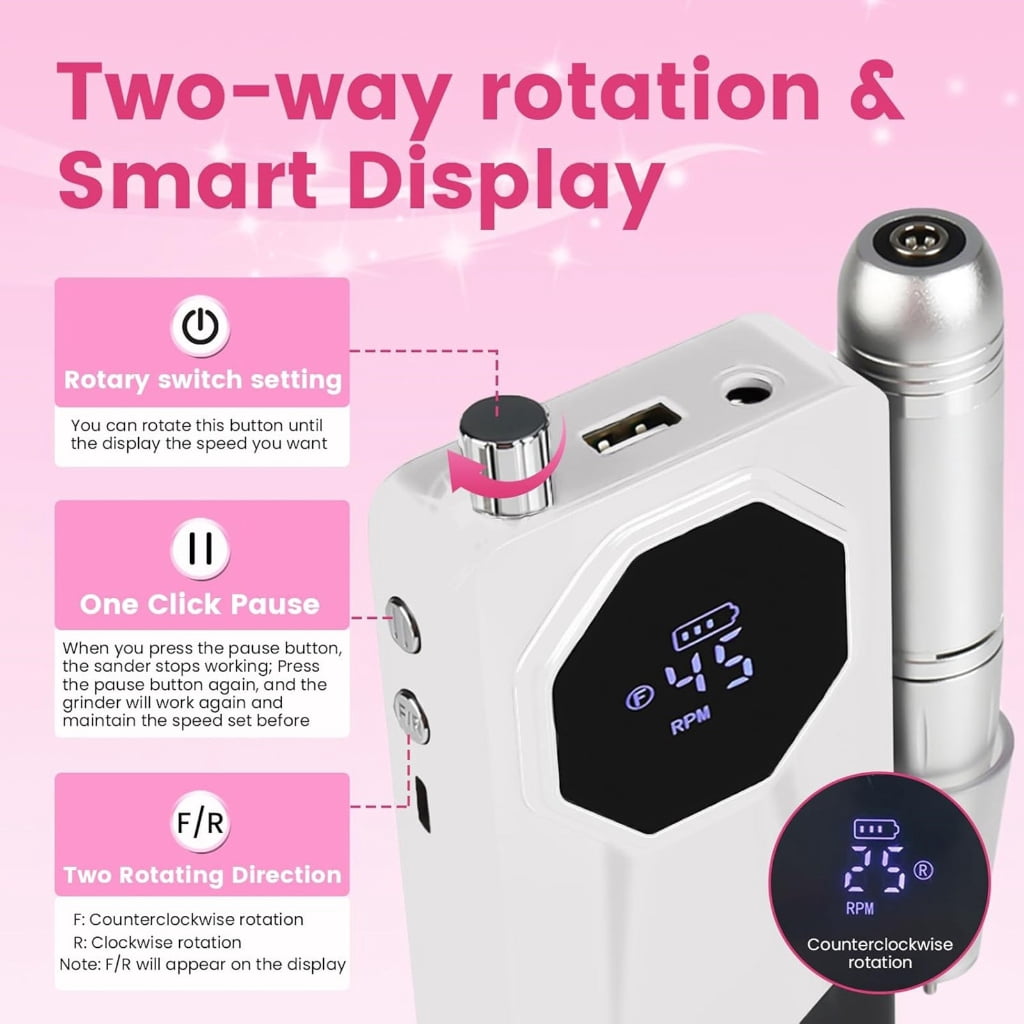 Portable Electric Nail File 45000RPM Cordless Nail Drill Machine Compact For Acrylic Nail Shaping Buffing Polishing