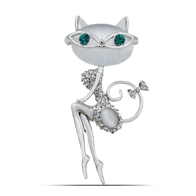 Broche de gato TUNC Vintage Faux Opal Crystal Bufanda Chal Adorno Plata