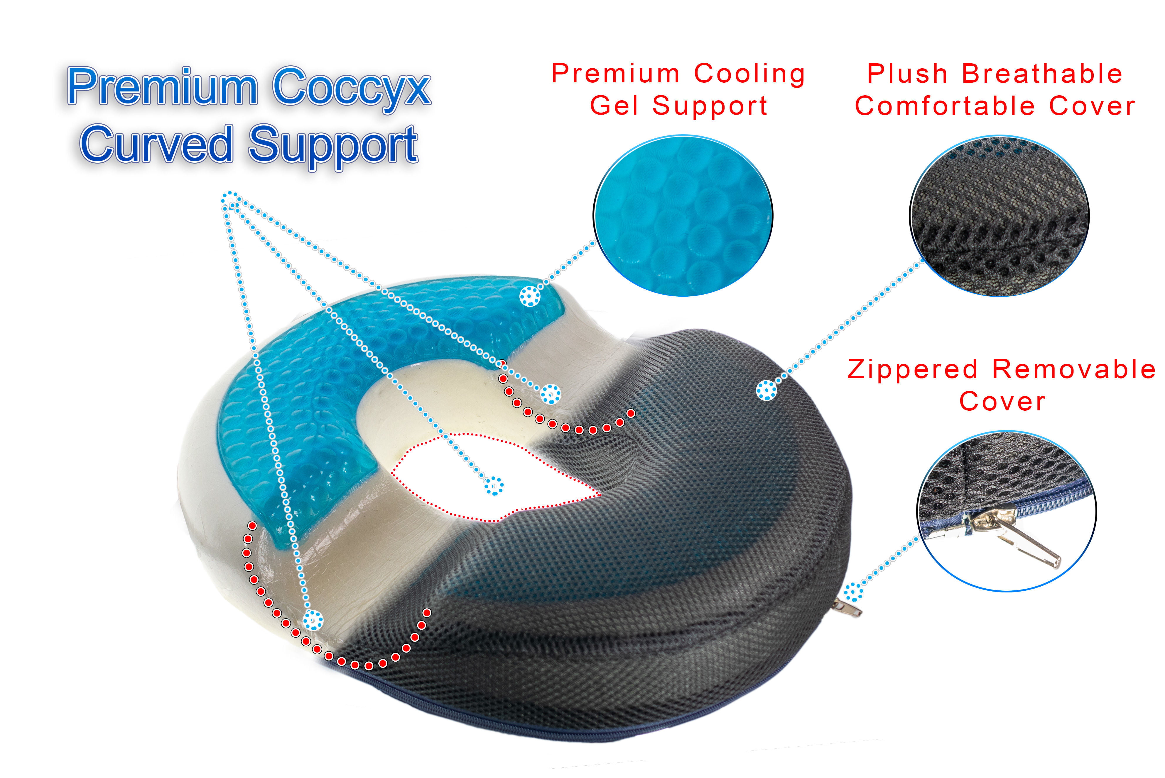 Pivit Memory Foam + Cooling Gel Transport Wheelchair Coccyx Cushion |  Non-Slip Orthopedic Donut Pillow Support for Sciatica Tailbone & Back Pain