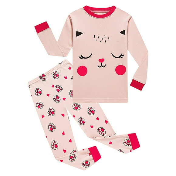 TOOYOU Girls Pajamas 2 Piece Sleepwear Cute Pattern Round Neck Long Sleeved T-Shirt And Cat Paw Print Pants Homewear Comfort Fit Pjs For Sweet Girl Pink Size 6-7 Years