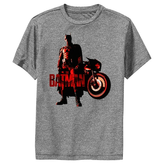 Boy's The Batman Red Batcycle Performance Graphic Tee Charcoal Heather X Large