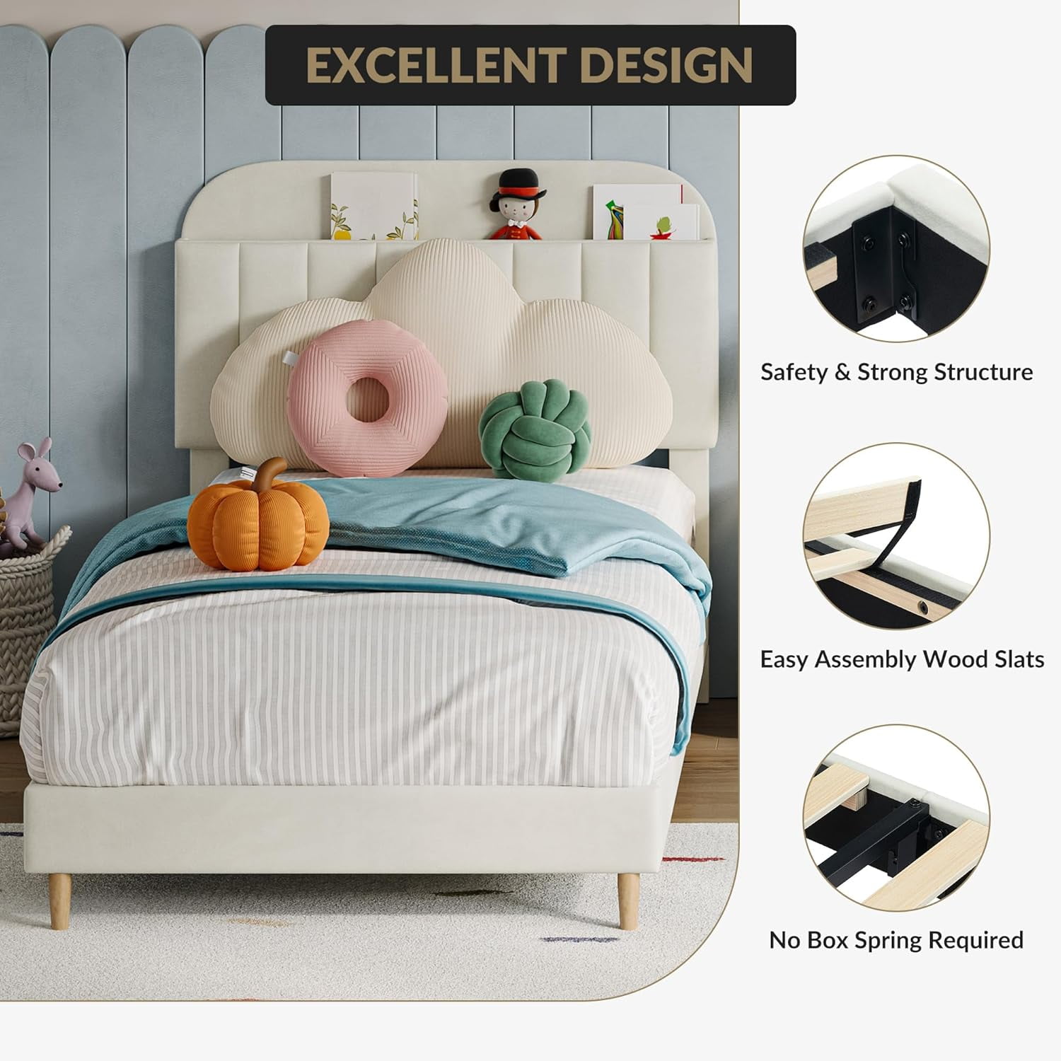 COZONY Twin Bed Frame, Velvet Upholstered Platform Bed w/ Bookcase Headboard, No Box Spring Needed, Noise-Free, Beige