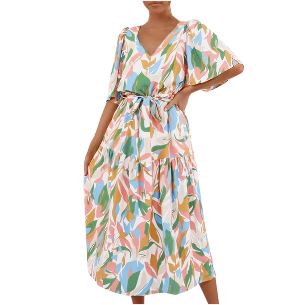 Vestido de tirantes estampados de manga corta con cuello en V a la moda de verano para mujer Fridja bnh3988
