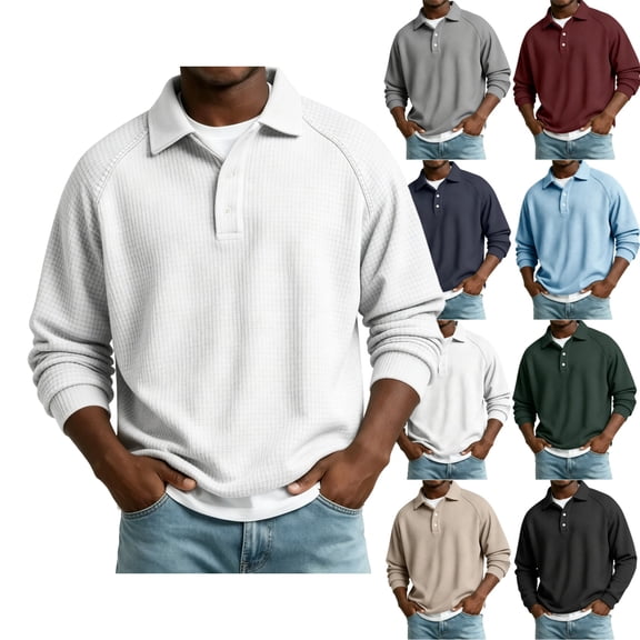 GrmtClth Mens Polo Shirts Long Sleeve Solid Waffle Collared Button Top Fall Winter All-Match Golf Casual Pullover White 3XL