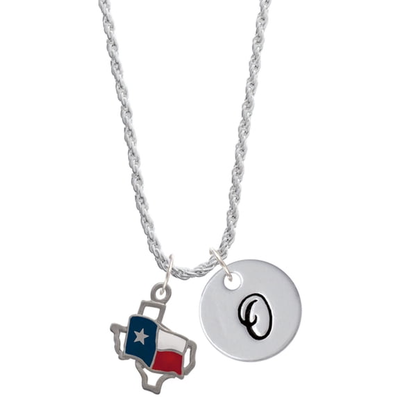 Delight Jewelry Silvertone Texas Outline with Flag Silvertone Script Initial Disc - O - Charm Necklace, 20"+3"