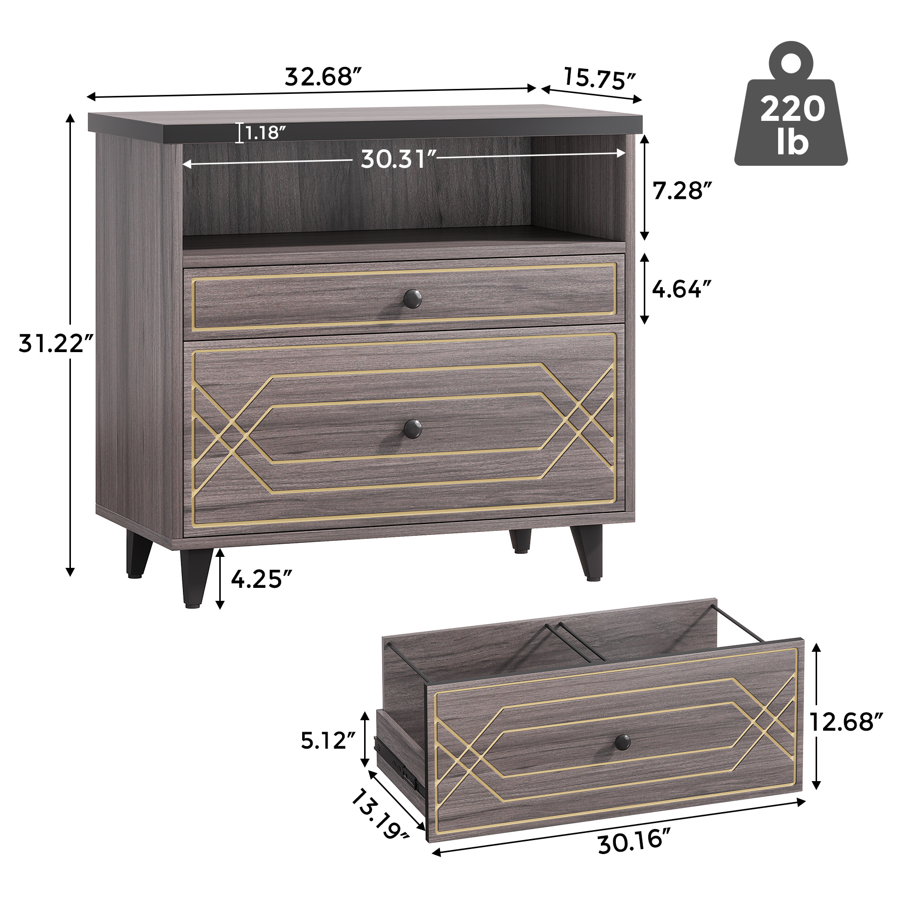 Condemo Lateral File Cabinet, 2 Drawer Filing Cabinet for Letter Size File, Modern Office Storage Cabinet Printer Stand for Home Office, Gray Brown