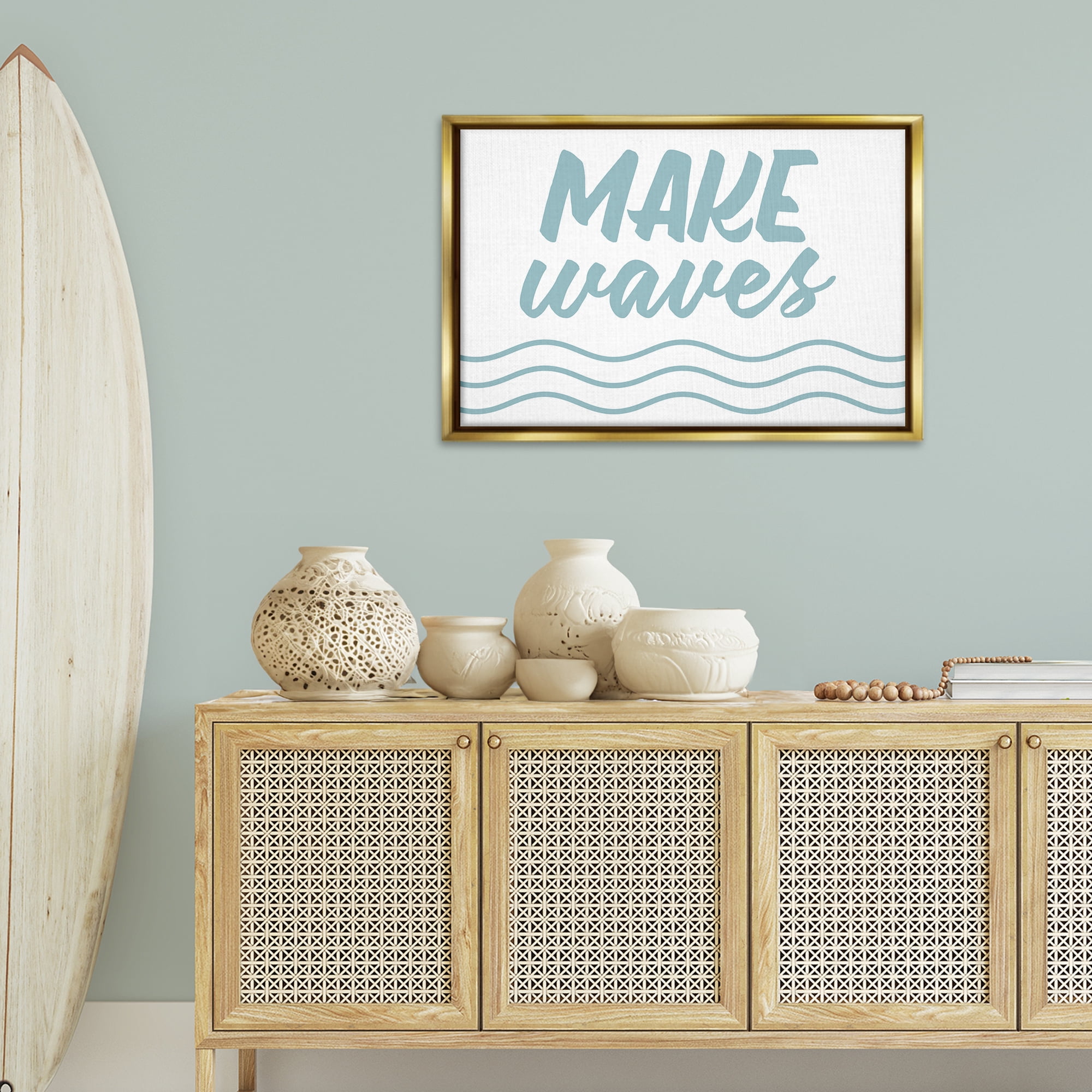 Stupell Industries Make Waves on White Typography Painting Gold Floater Framed Canvas Art Print Wall Art, 31 x 21