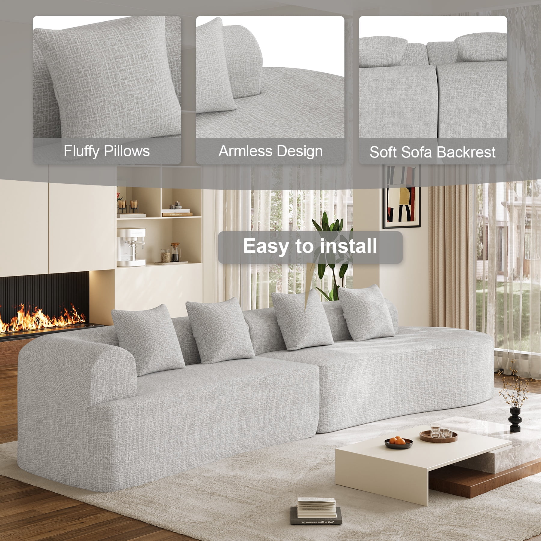 Wiilayok 146.5"Modern Chenille Sofa,Curved Sofa with Deep Seat,Cloud Compression Sofa Couch for Living Room,No Assembly