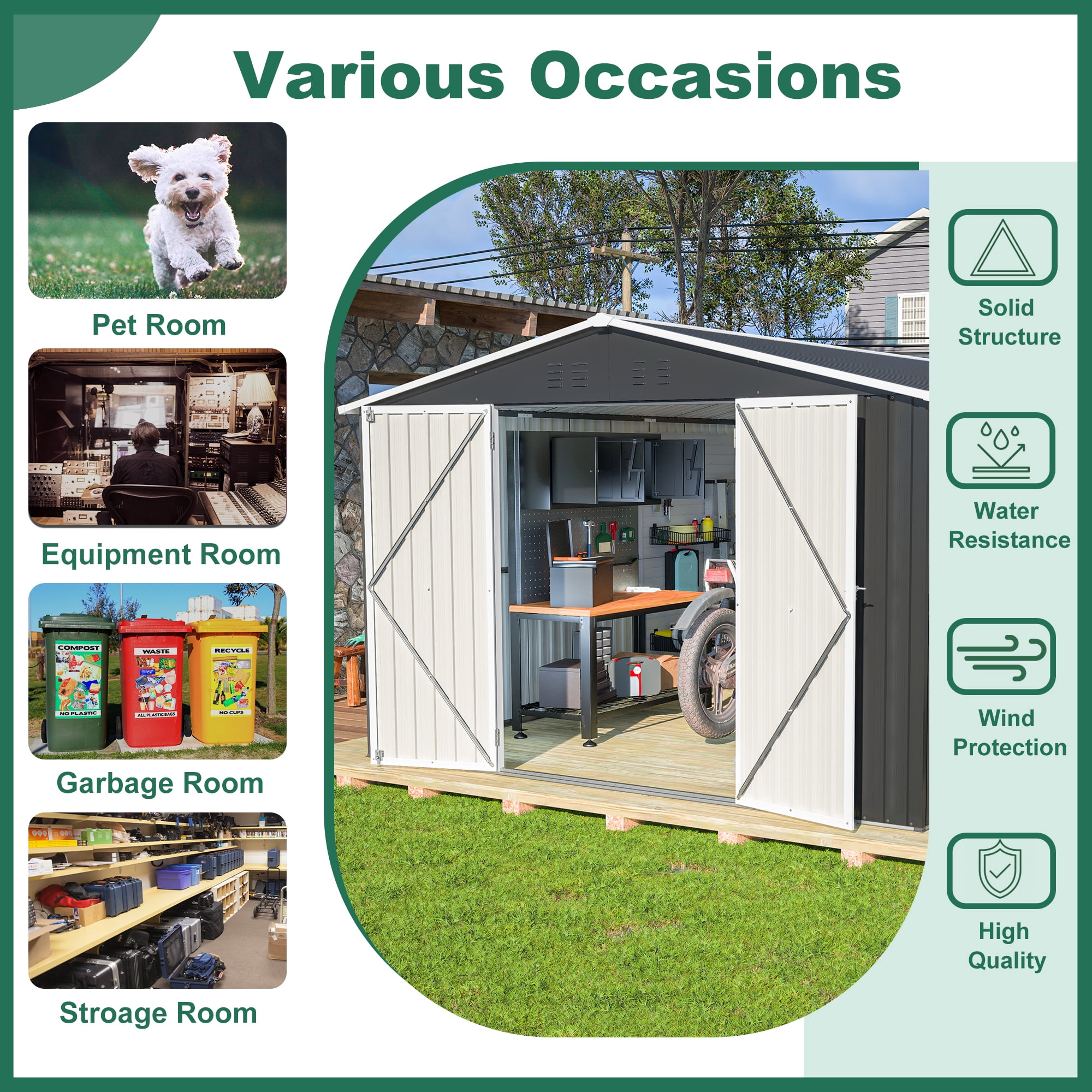 DetalleGo 10x12FT Metal Storage Shed - No Foundation Needed! Lockable Double Doors (49.5"x65"), Aluminum Frame & Galvanized Steel, All-Weather Garden Shed for Lawn Mower/Tools