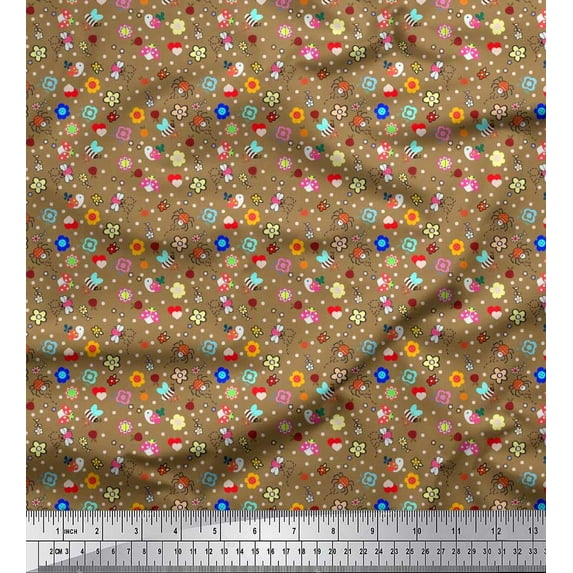 Soimoi Japan Crepe Satin Fabric Dot,Floral & Insect Clip Art Print Sewing Fabric Yard 42 Inch Wide