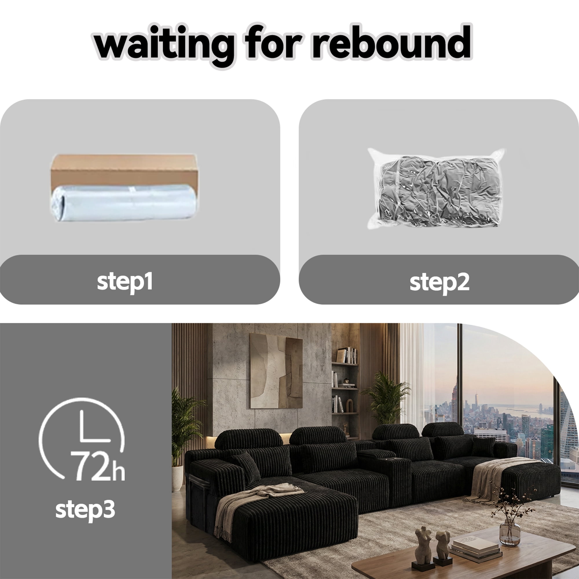 Leumius 145.7" U-Shaped Corduroy Sectional Sofa with Chaise,Cup Holders & Storage,Modern Modular 6-Seater Sofa Couch for Living Room,Black