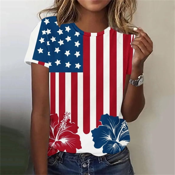 4th of July Shirts Women V Neck Floral Short Sleeve Patriotic Tshirt American Flag Stars Graphic Tee Tops