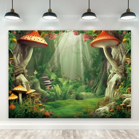 Enchanted Backdrop Fairy Tale Wonderland Mushroom Green Jungle Rainforest Feet Polyester Spring Nature Photography Background Scene Table Decor Banner Studio Photo Shoot