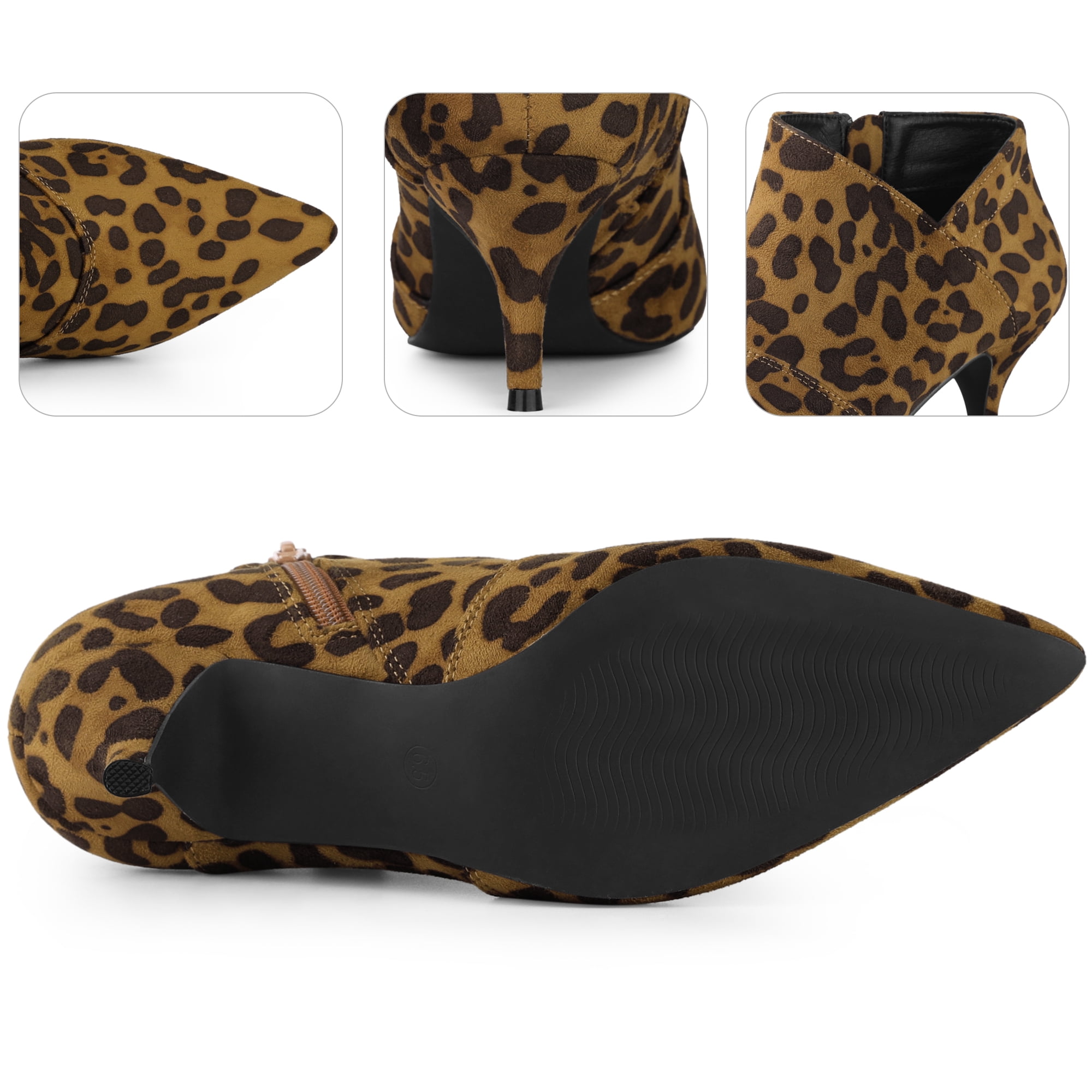 Unique Bargains Pointed Toe Cutout Kitten Heels Ankle Boots for Women Brown Leopard 7.5