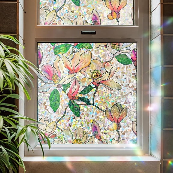 ADD.HERES Window Privacy Film, Stained Glass Decorative Static Cling, Removable Laser Sun Blocking Vinyl Covering, Window Film for Home Kitchen Living Room, Pink Magnolia, 17.3 x 78.7in