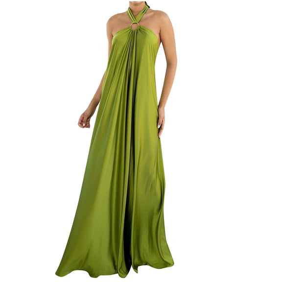 Qiopertar Women's Sleeveless Solid Satin Lace Dress Cocktail Party Evening Gown Elegant Slit Formal Off Shoulder Wrap Dress, Green M