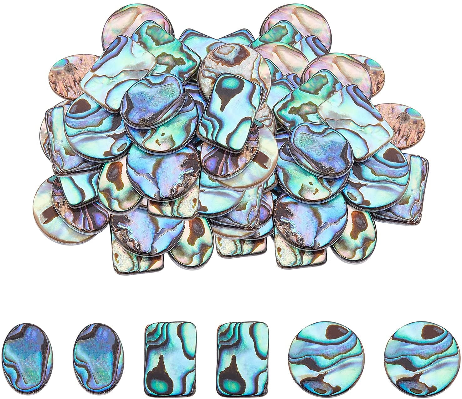 1Box 18pcs 3 Shapes Natural Abalone Shell Cabochons Colorful Paua Shell Cabochons Loose Beads No Hole Flat Coin Abalone Shell Beads for Jewelry Making DIY Craft Bead Embellishments
