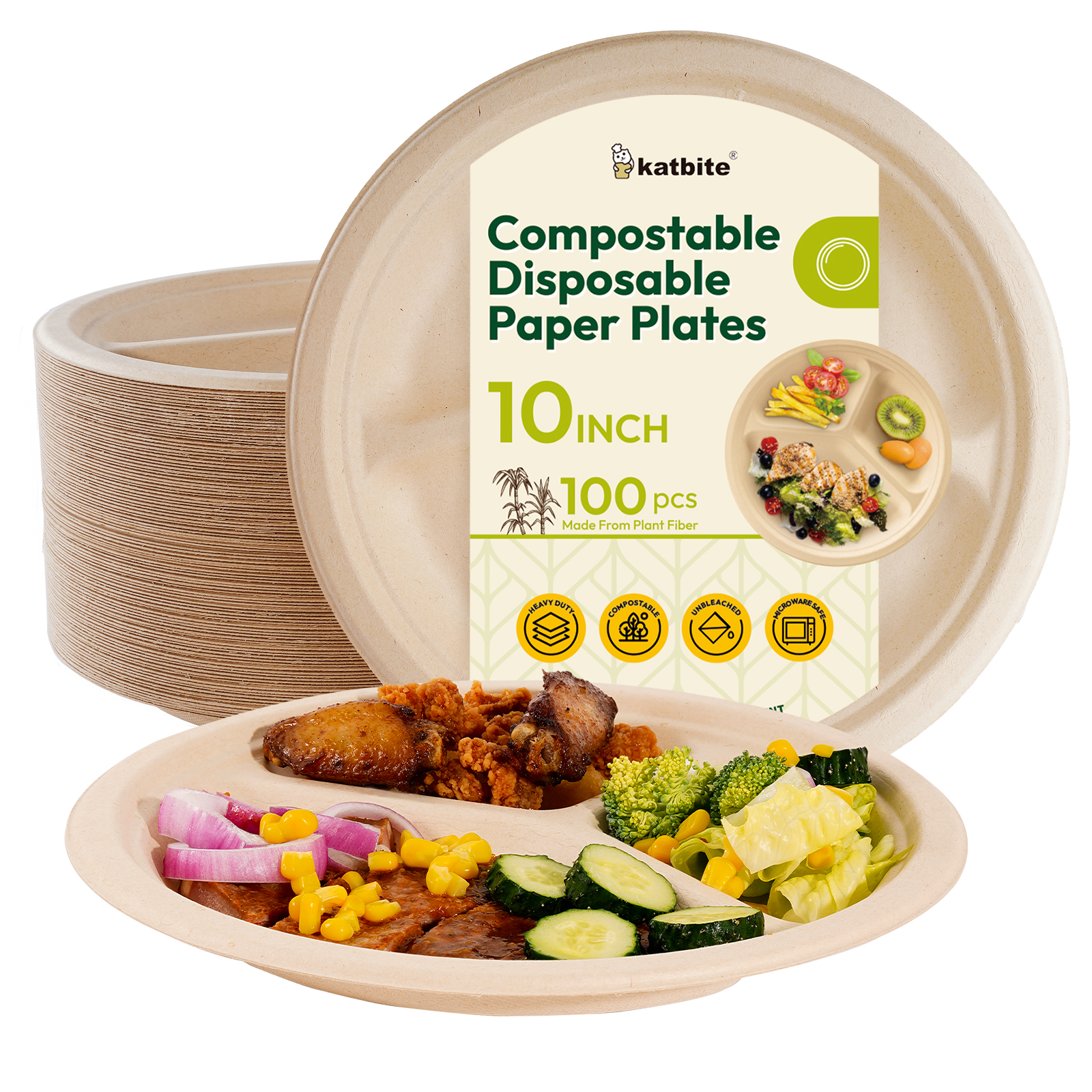 Katbite 3-Compartment Paper Plates, 10 Inch, 100 Count photo 3