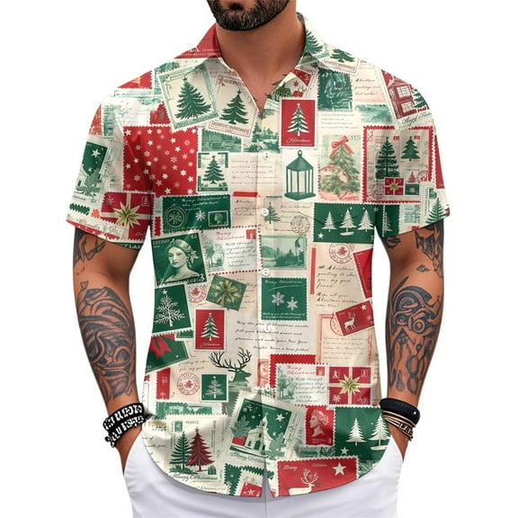 Men Christmas Shirt Button Down Vintage Stamp Christmas Print Lapel Collar Button Down Shirts for Beach Vacation Travel
