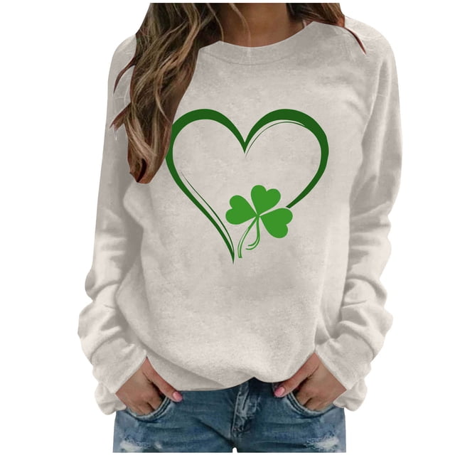 Mceream Chandail pour Femmes St Patricks Day Décontracté Mode Trèfle Irlandais Chandails Imprimé Graphique Mignon Manches Longues Chandail à Enfiler Hauts Grande Taille Tenue de Vacances et Cadeau Kaki TG