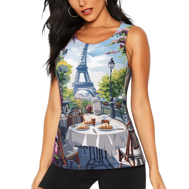 Fotbe Parisian Cafe With Eiffel Blusas Sin Mangas para Mujer – Estilo Casual, Corte Suelto, Slim-Fit, Cuello Redondo Deportivo, Tops de Verano para Gimnasio y Yoga-Medium