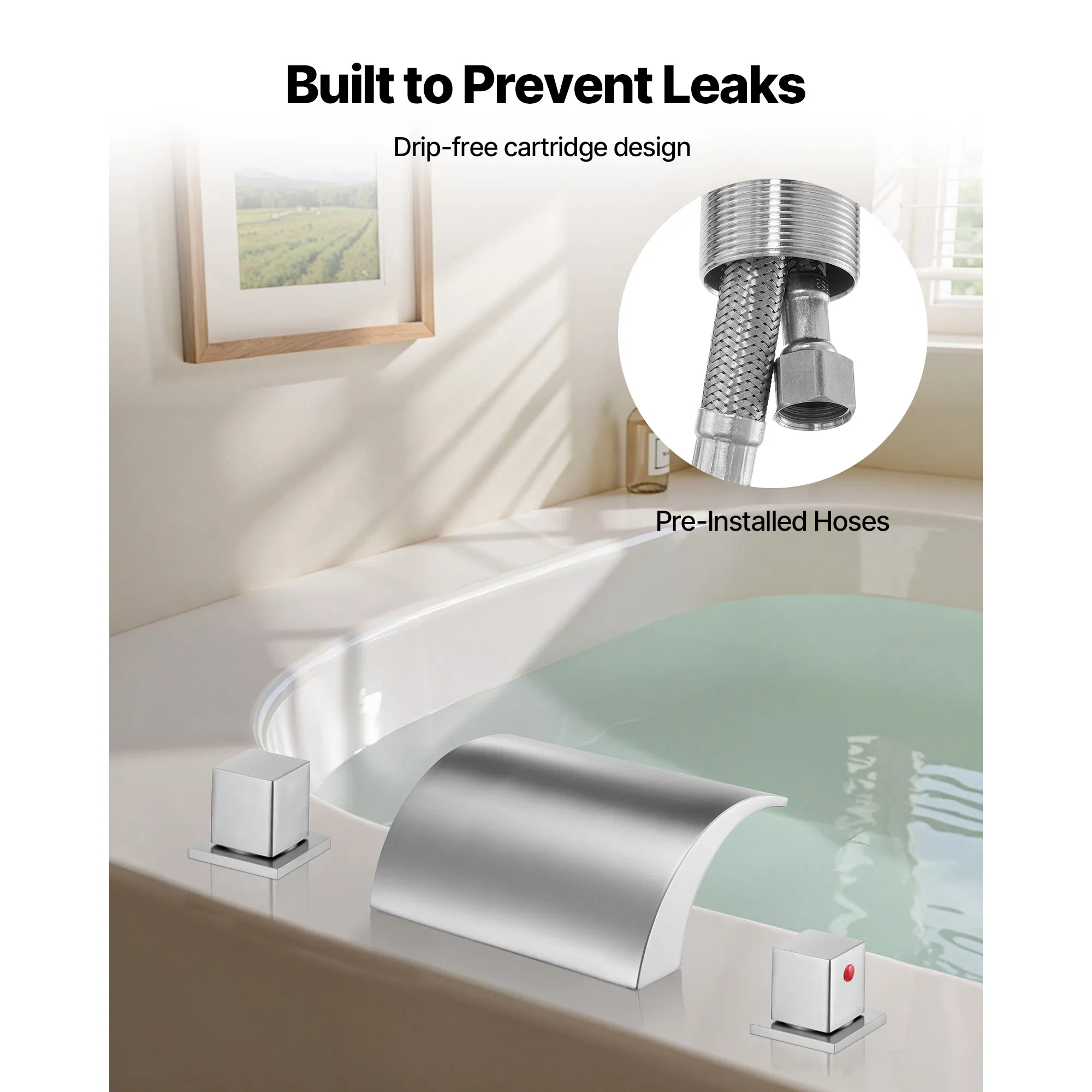 Silver Three-Hole Waterfall Bathtub Faucet Set with Two Handles,Deck Mount Design for Adult Bathing,Temperature Control,Stylish and Functional Addition to Your Bathroom