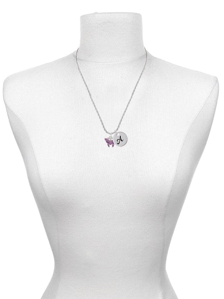 Delight Jewelry Silvertone Hot Purple Butterfly with 2 Crystals Silvertone Script Initial Disc - P - Charm Necklace, 20"+3"