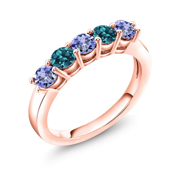Gem Stone King 18K Rose Gold Plated Silver Blue Tanzanite and London Blue Topaz 5-Stone Wedding Anniversary Band Ring for Women (0.98 Cttw, Gemstone December Birthstone, Size 5)